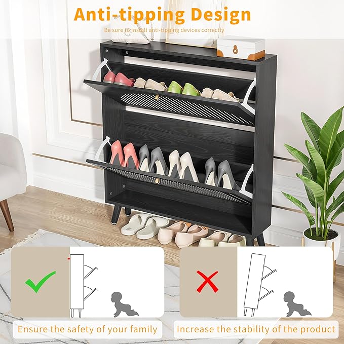 Shoe Storage Cabinet for Entryway with 2 Flip Drawers, Narrow Wood Shoe Cabinet with Fluted Panel, Freestanding Hidden Shoe Organizer for Foyer, Hallway (Black - No Shelf)