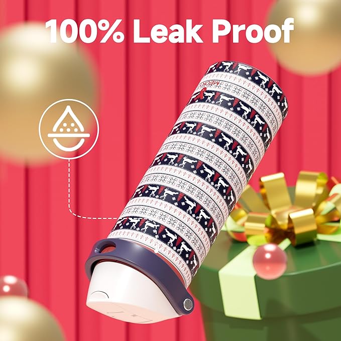 24 oz Christmas Insulated Water Bottle: Meoky Stainless Steel Water Bottle with 2-in-1 Straw Lid - Leak Proof, Cold for 24 Hours, Protective Silicone Base, Christmas Gifts for Women Men, Winter Joy