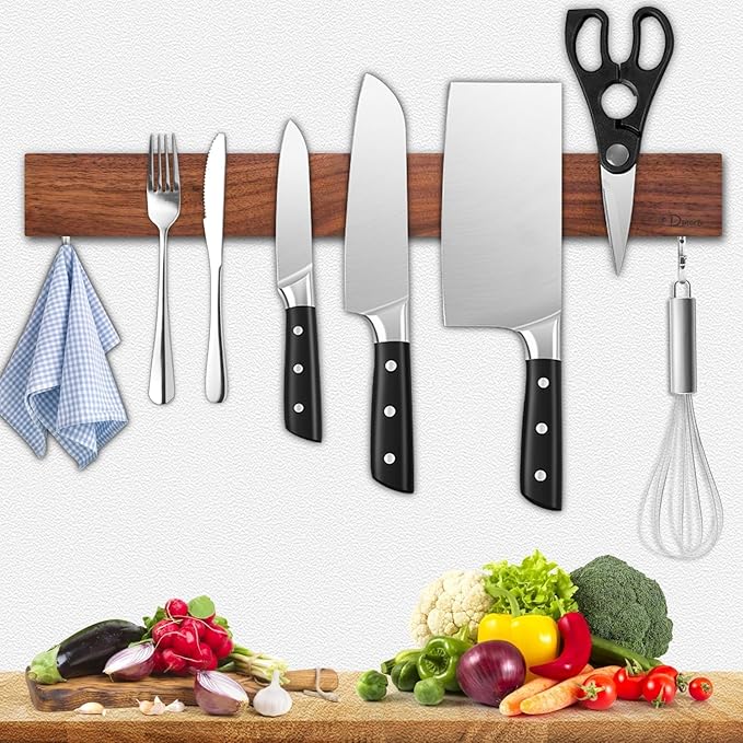 Dmore magnetic knife holder for wall—with 2 hooks, No Drilling 20 Inch walnut knife magnetic strip, Powerful knife magnet rack, include Adhesive Tape and screws for Knives, Utensils, and Tools