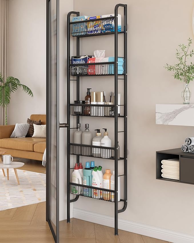 UMDONX Behind The Door Bathroom Shelf Narrow 5-Tier, Space-Saving Slim Storage Shelf Narrow Shelving Unit for Bathroom and Kitchen Black