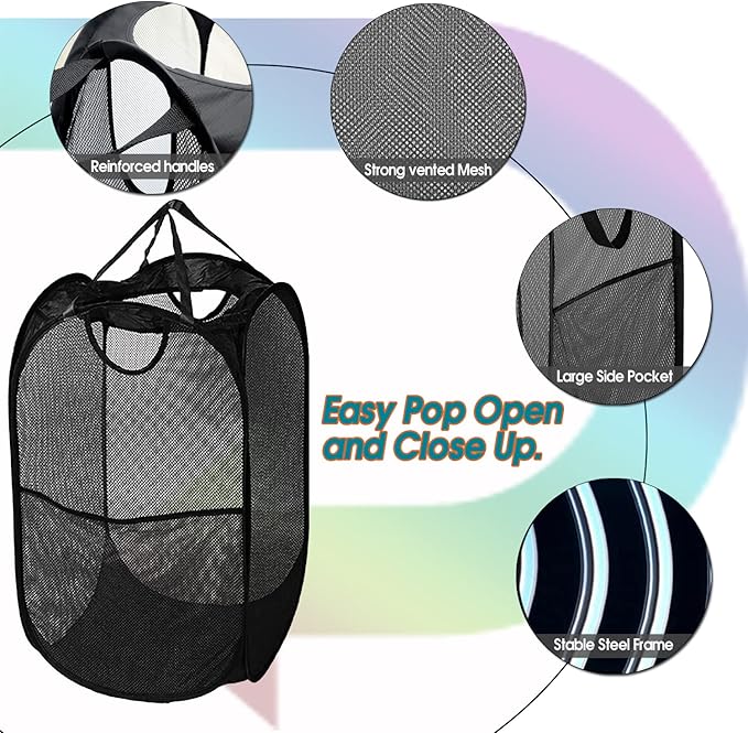 BATTOO Deluxe Collapsible Laundry Baskets Mesh Pop Up Hampers for Laundry with Side Pocket Reinforced Handles for Laundry Room, Bathroom, Kids Room, College Dorm or Travel Black