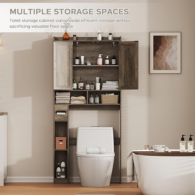 Over The Toilet Storage Cabinet, 31.1”W Bathroom Organizer with Double Doors, Above Toilet Rack, Detachable Toilet Paper Holder for Bathroom & Laundry Room Grey
