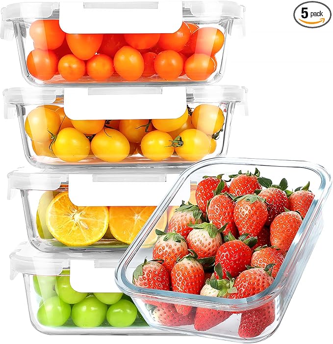 KOMUEE 30 oz 5 Pack Glass Meal Prep Containers with Lids, White