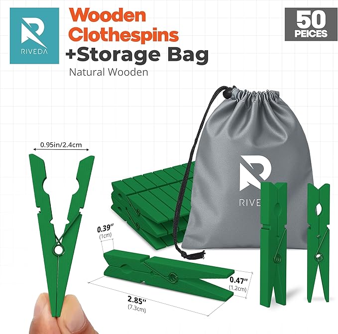 RIVEDA 50pcs Colored Wooden Clothes Pins, 2.9inch, Clothespins for Classroom, Clip Hanging Photos, DIY Clips for Crafts, Decorations (Green)