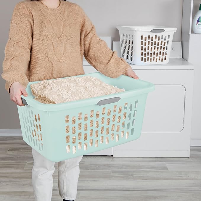 Sterilite 6-Pack 2 Bushel Laundry Basket, Rectangular Plastic Clothes Hamper, Mint - Ventilated Open-Top Utility Wash Bin with 4 Handles and Large Clothing Load Capacity