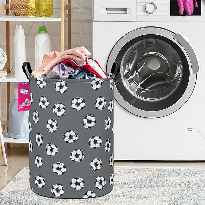 Laundry Hamper Large Canvas Fabric Lightweight Storage Basket/Toy Organizer/Dirty Clothes Collapsible Waterproof for College Dorms, Boys and Girls Bedroom,Bathroom(grey football)