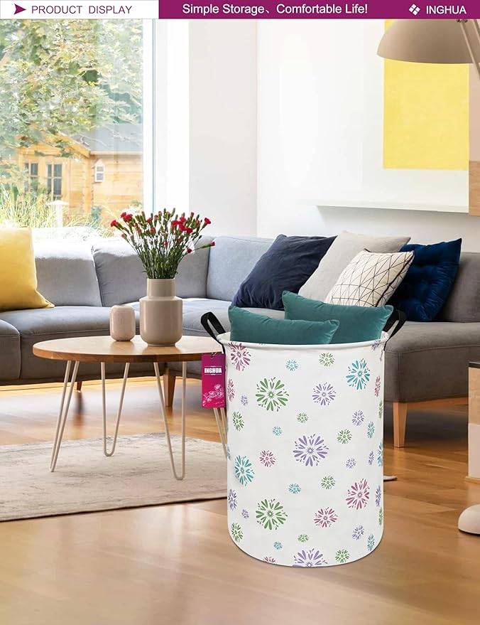 Laundry Hamper Large Canvas Fabric Lightweight Storage Basket/Toy Organizer/Dirty Clothes Collapsible Waterproof for College Dorms, Boys and Girls Bedroom,Bathroom(Colorful fireworks)
