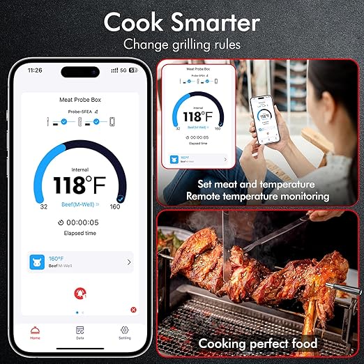 CaloriMastery Wireless Smart Bluetooth Meat Thermometer Digital for BBQ, Grill, Oven, Smoker, 500ft Range Cooking Thermometer with Ultra-Thin Wireless Meat Probe, Perfect for Steak, Chicken, Turkey