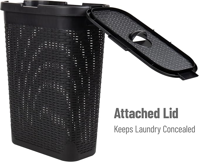 Mind Reader Slim Laundry Hamper with Lid, 40L Clothes Basket, Premium Wicker Design, Plastic, Black
