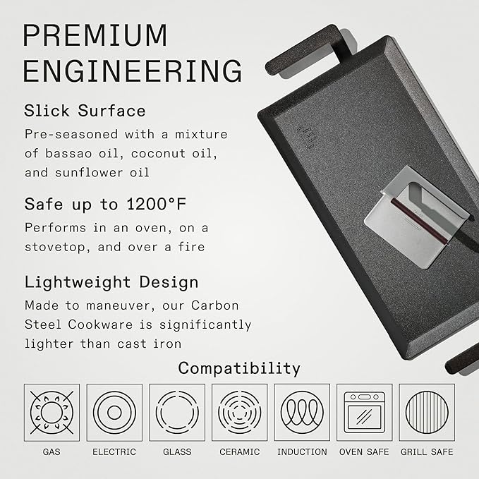 Made In Cookware - Carbon Steel Griddle + Grill Press - Professional Cookware - Crafted in Sweden - Induction Compatible
