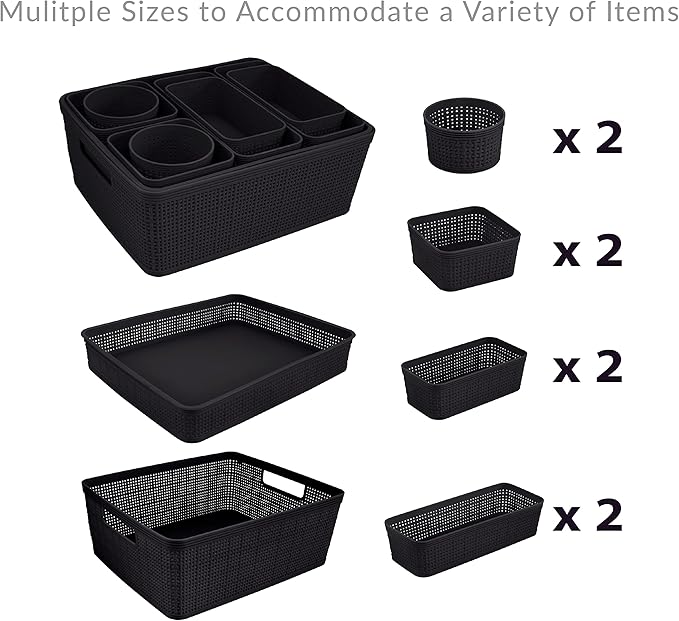 Simplify 10 Piece Organizing Set | Multiple Size Bins | Multipurpose | Office | Desk | Dorm | Bathroom | Storage Basket | Small Items | Accessories | Black (Pack of 6)