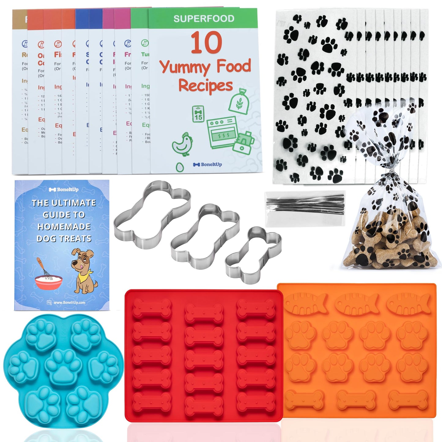 BoneItUp Dog Birthday Cake Kit - Bake Birthday Cakes for Dogs - Dog Party Supplies Set with - Large Cake Mold, 3 Vet-Backed Cake Recipes, 2 Drawing Pens, 10 Balloons, Birthday Hat & Bow