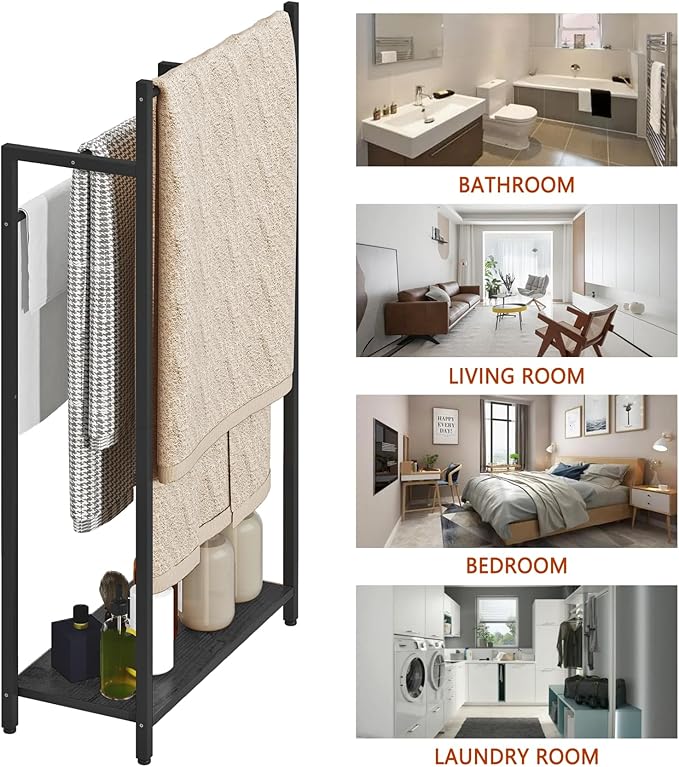 Freestanding Towel Rack, 3 Tier Blanket Ladder Stand with Black Wooden Shelf for Bathroom Living Room (31.5”H x 16.9”W x7.9”D)