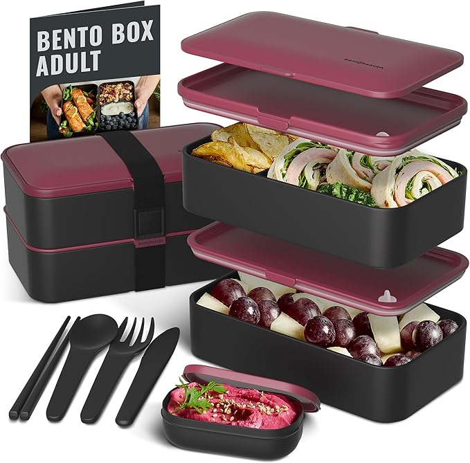 Bentoheaven Bento Box Adult, Stackable Lunch Box, 40 oz, Symph Onyx