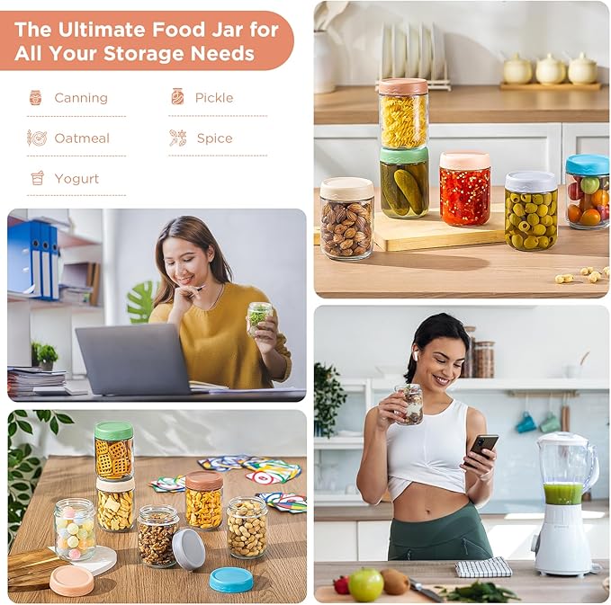 DRKIO 16 Oz Overnight Oats Containers with Lids - 6 Pack Glass Storage Jars with Airtight Lids Wide Mouth Mason Food Jars Great for Meal Prep Salad Chia Pudding Snacks Yogurt Sugar Spice Cereal
