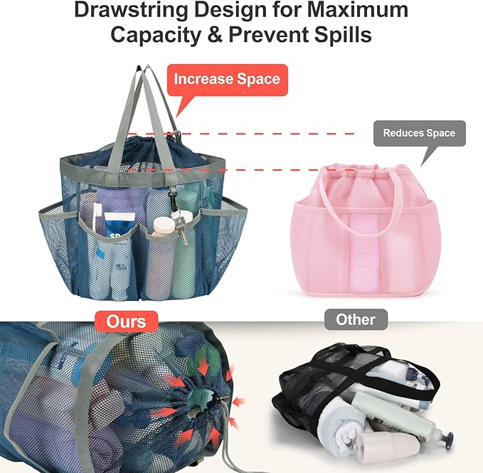 F-color Mesh Shower Caddy Portable with Drawstring - Large 8 Pockets Dorm Room Essentials for Guys Girls with S Hook, Shower Bag Basket Tote for College Camping Gym Travel Toiletry Bathroom, Blue