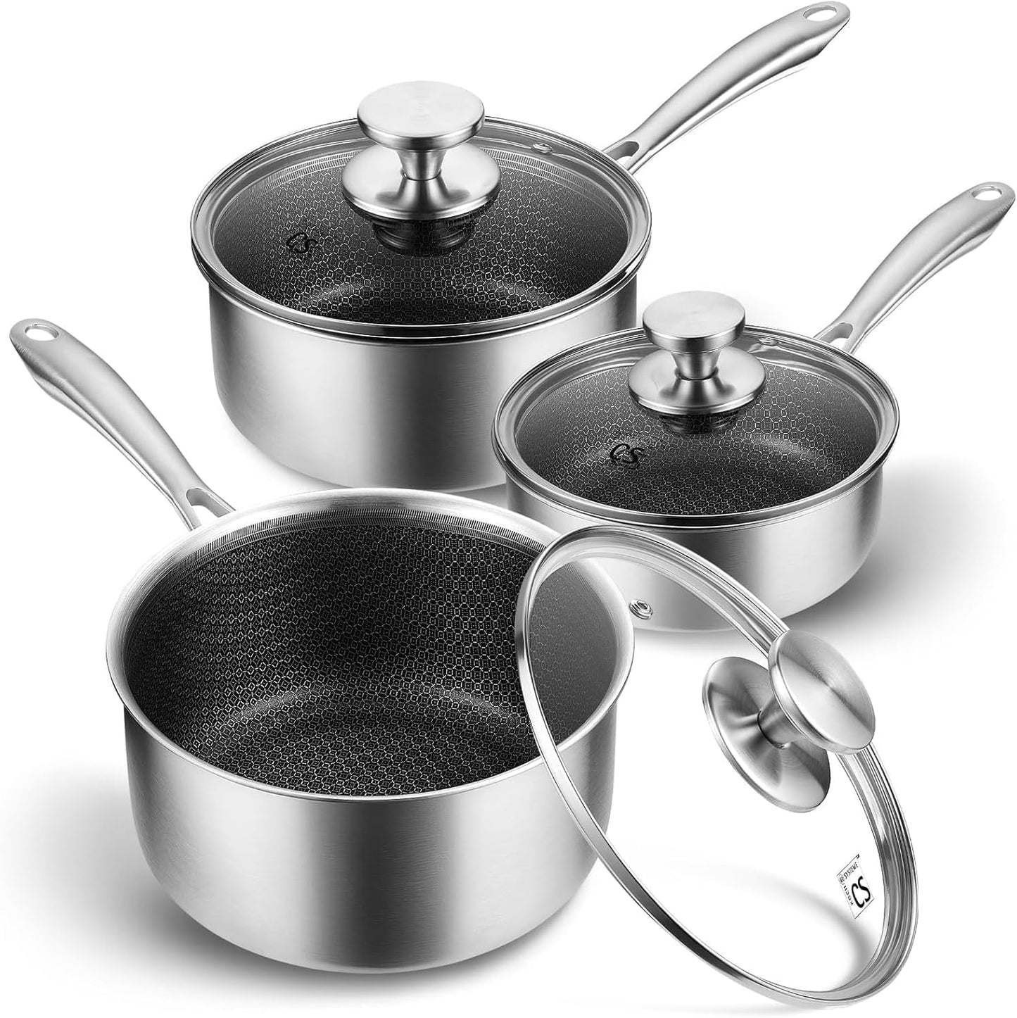 KOCH SYSTEME CS Hybrid Nonstick Stainless Steel Sauce Pan 3QT, Tri-ply Stainless Steel Pot with Honeycomb Interior, Hybrid Sauce Pan with Lid, 18/10 Steel Pot, Induction Compatible