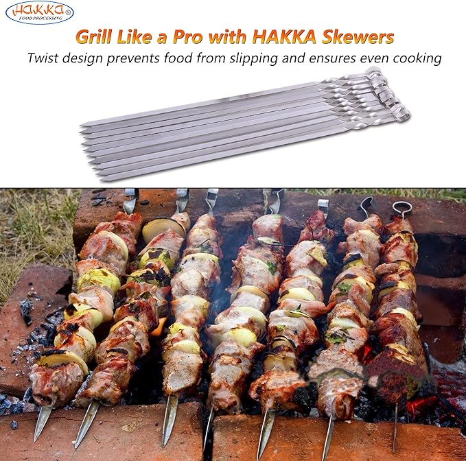 Hakka Stainless Steel Barbecue Skewers, 23.6" Shish Kabob Skewers Heavy Duty 1.5mm Metal Skewers for Grilling Large Wide 9.87mm Reusable Kabob Sticks with NonSlip Ring Handle,Set of 10