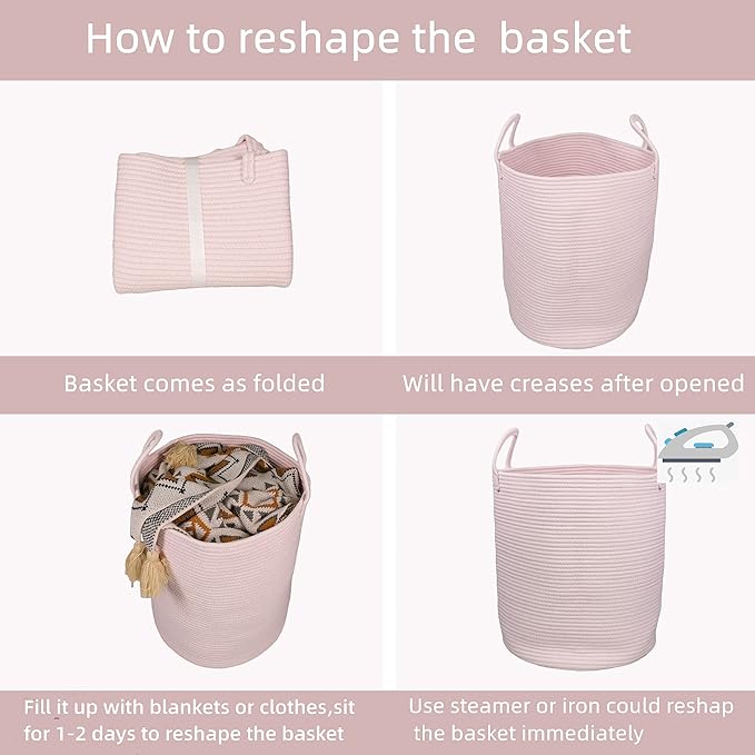 Woven Cotton Rope Laundry basket-15”X20” Laundry Hamper-Rope Storage Basket for Dirty Clothes, Toys and Blankets Perfect for Bathroom, Baby nursery and Living Room Storage (pink)