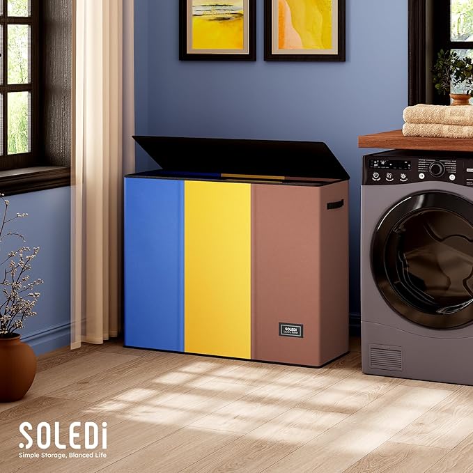 SOLEDI 180L Laundry Hamper 3 Section, Extra Large Laundry Hamper with Lid, Dirty Clothes Hamper with Sturdy Handle, Large Laundry Basket Organizer for Laundry Room, Bedroom, Hampers for Laundry