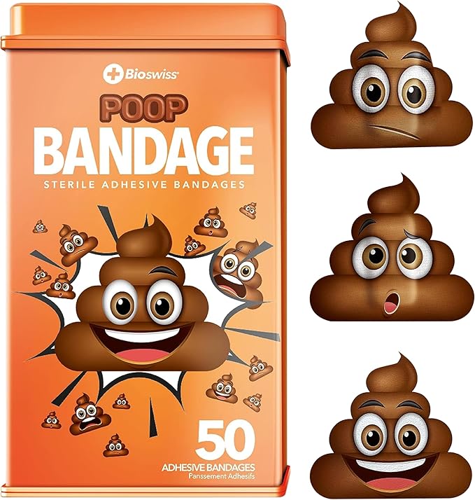 BioSwiss Bandages, Poop Shaped Self Adhesive Bandage, Latex Free Sterile Wound Care, Fun First Aid Kit Supplies for Kids, 50 Count