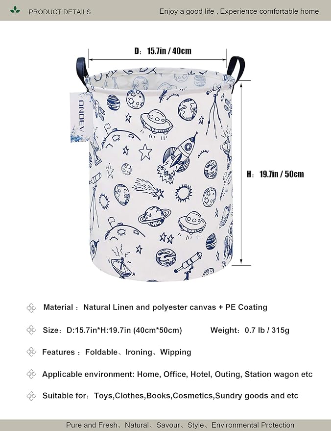Round waterproof laundry basket、foldable storage basket、laundry Hampers with handle、gift basket,suitable for children's room and toy storage (Blue Planet)