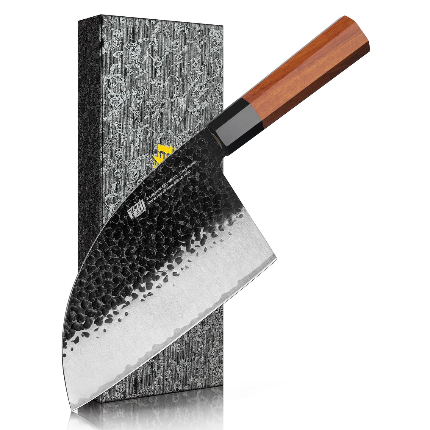 FINDKING Serbian Chef Knife with Leather Sheath, 6.5 Inch High Carbon Steel Cleaver Knife, Hammered Blade, Octagonal Handle, for Meat, Vegetables, Poultry and Light Bones, Dynasty Series