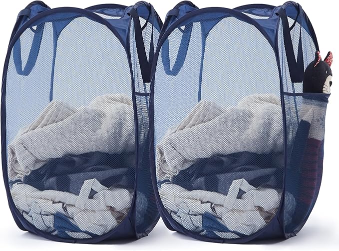 TECHMILLY Upgraded 105L Collapsible Mesh Pop Up Laundry Hamper with Sturdy Handles and Side Pocket - Portable Foldable Clothes Baskets for Dorm, Bathroom & Travel Storage (Blue Plus, 2 Packs)