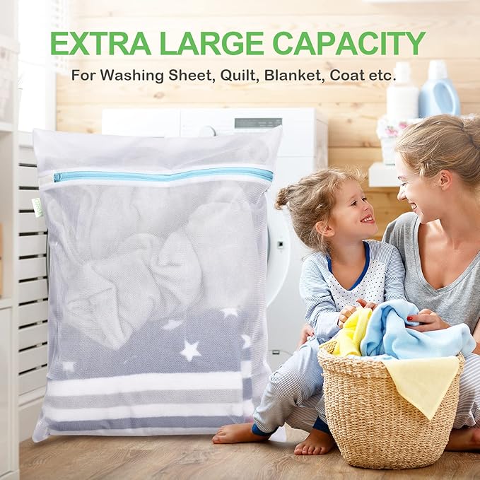 OTraki Large Mesh Washing Bag 43 x 35 in XL Laundry Bag Washer Machine Net Protector Large Washer Bag for Travel Camp College Student Dress Bedding Blanket Sheet Don't Drying, Melting 140-176℉ Blue