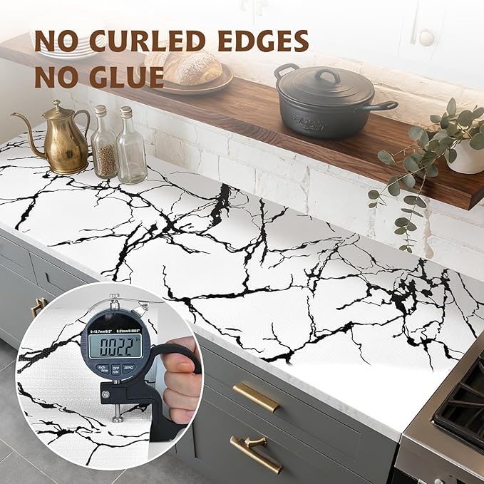 2-Layer Drawer and Shelf Liner for Kitchen Cabinet: 17.3in X 20Ft Non Slip Waterproof Shelf Paper Non Adhesive Refrigerator Liners White/Black Marble Easy Liners for Bathroom with Knife Tape Measure
