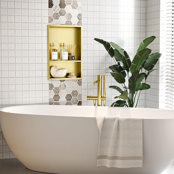 Neodrain Golden 12X18 Inch Double Shelf Stainless Steel Shower Niche, No Tile Needed Bathroom Niches, 2-Tier Recessed Wall Niche for Shower