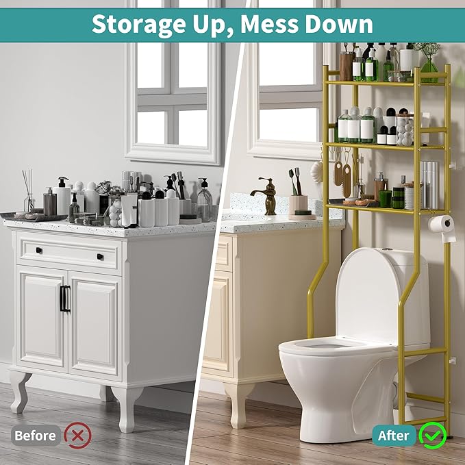 3-Tier Over The Toilet Storage with Paper Holder, Metal Bathroom Organizers and Storage for Small Space, Freestanding Bathroom Shelves with 4 Hooks, Above The Toilet Storage Shelf (Gold)