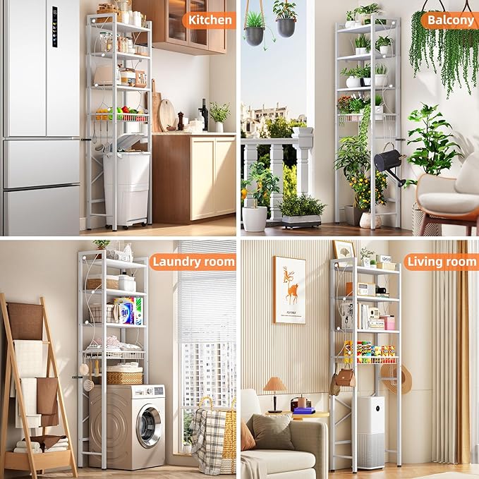 Over-The-Toilet Storage Rack, 4-Tier Bathroom Organizer Shelf Over Toilet with Adjustable Shelf and Basket, Freestanding Space Saver Bathroom Shelves Above Toilet for Room (Pure White)