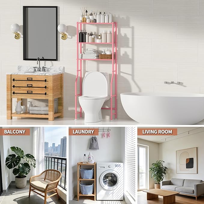 3-Tier Over The Toilet Storage, Freestanding Metal Bathroom Shelves, Space Saver Above The Over Toilet Storage Shelf for Bathroom (Pink)