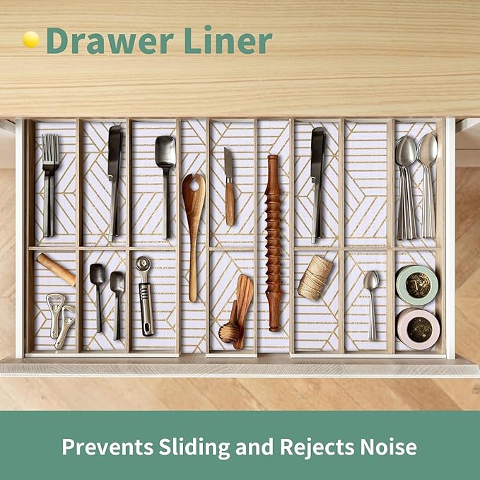 Shelf Liners for Kitchen Cabinets 23.6 in x 30 FT, Non Adhesive Cabinet Liner Strong Non-Slip Thickened Gold Geometric Drawer Liner, Easy to Clean for Shelf