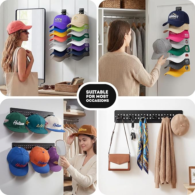 4 Pack Hat Organizer for Baseball Caps, Detachable DIY Hat Rack for Wall Hat Holder Hold up to 44 Hats, Baseball Cap Organizer Cap Holder Hat Hangers for Wall Closet Door Bedroom(4pcs,Black)