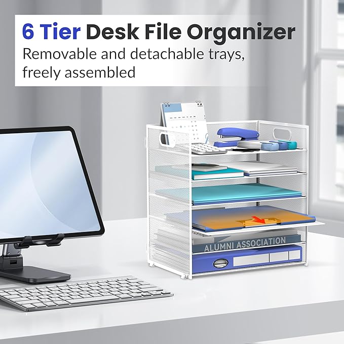 Daltack 6 Tier Paper Organizer for Desk, Paper Letter Tray Organizer for Desks, Mesh Desk File Organizers with Handle for Office, Home, School, White, 2 Pack