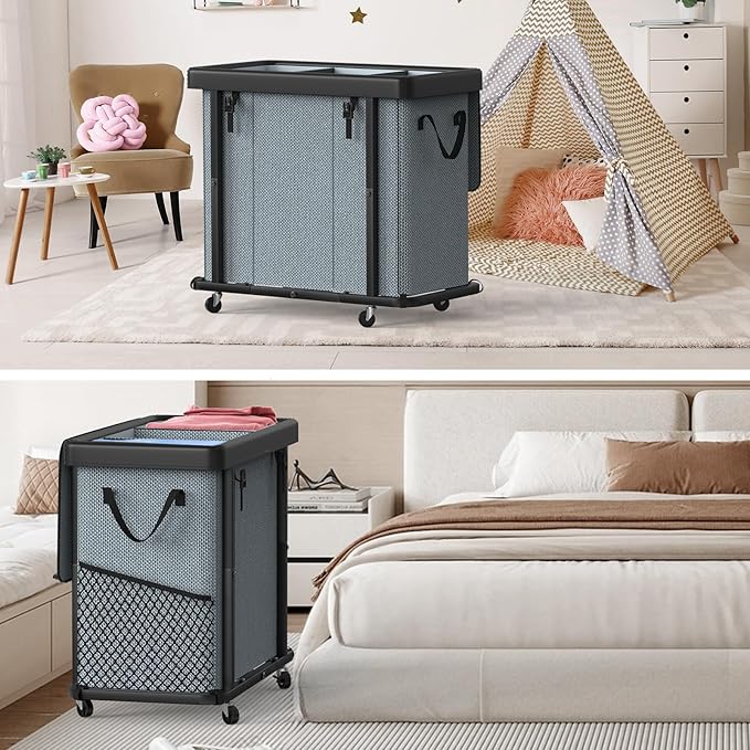 230L (60 Gal) Large Fashion Laundry Basket with Wheels, Leather Patchwork Laundry Sorter 3 Section, Sturdy Metal Frame, Removable Washable Bag, Tall Clothes Sorter for Bedroom - Gray