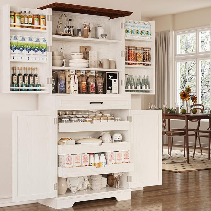 IRONCK 72" Farmhouse Kitchen Pantry Cabinet with Sliding Storage Rack,Black