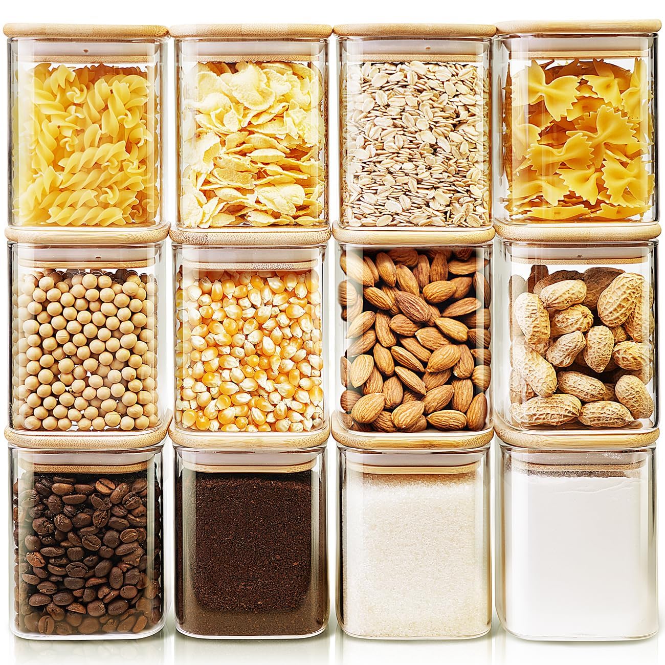 53 oz Square Glass Food Storage Containers with Airtight Bamboo Lids, 4Pack