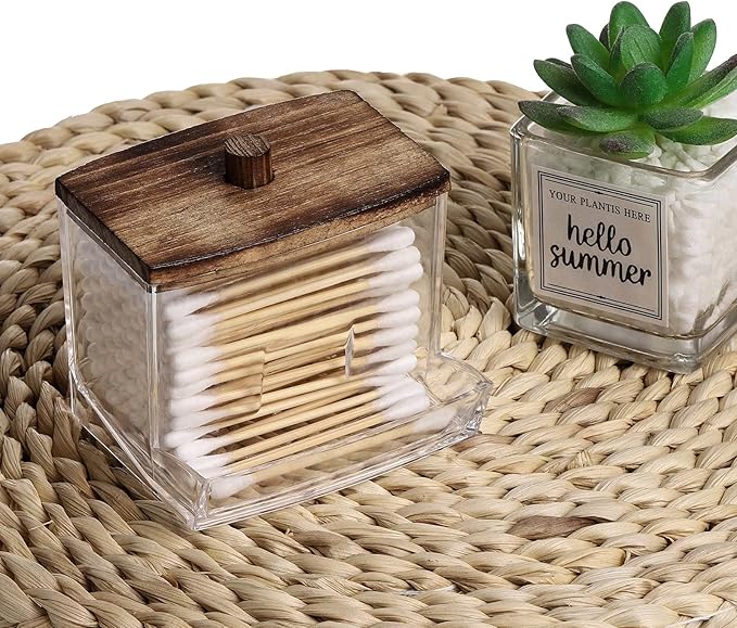 Tbestmax 7 OZ Cotton Swab Pads Holder, Qtip Cotton Buds Ball Dispenser, Bathroom Containers Apothecary Jar for Storage Brown Wood Lids 1 Pcs