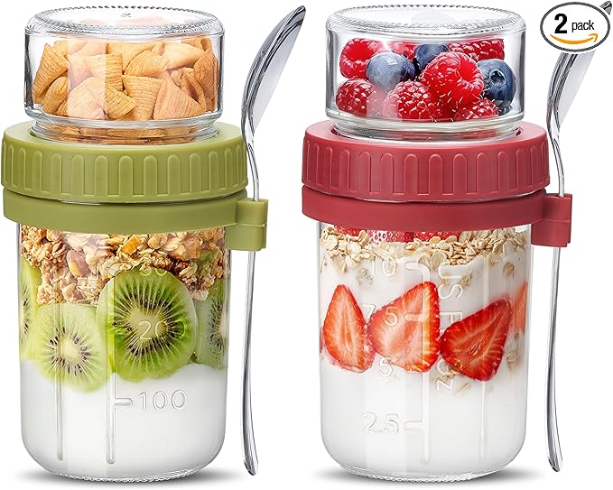 Danmu 4 Pack Overnight Oats Containers with Lids 21 oz (16+5),Dual-Layer Yogurt Parfait Cups with Lids,Meal Prep Containers Glass for Snack,Overnight Oats,Yogurt,Parfait,Salad Dishwasher Safe