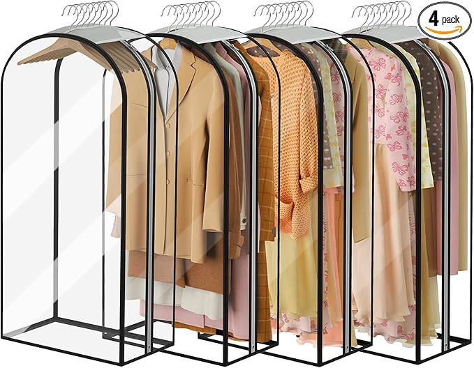 Garment Bags for Hanging Clothes 40” Long,Ultra Clear Suit Bags for Closet Storage, Moving Organization, Travel Covers with 10" Gussets for Coat, Dress, Shirt and Sweater - 4 PCS