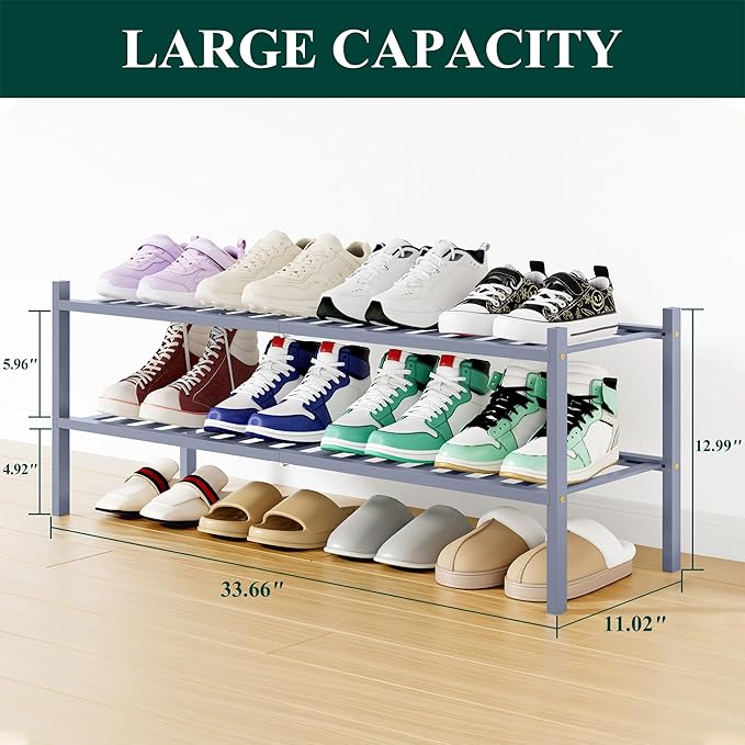 Smiry Shoe Rack, 2 Tier Long Bamboo Shoe Organizer, Stackable Free Standing Wooden Shoe Storage Shelf for Closet, Entryway, Front Door Entrance, Grey
