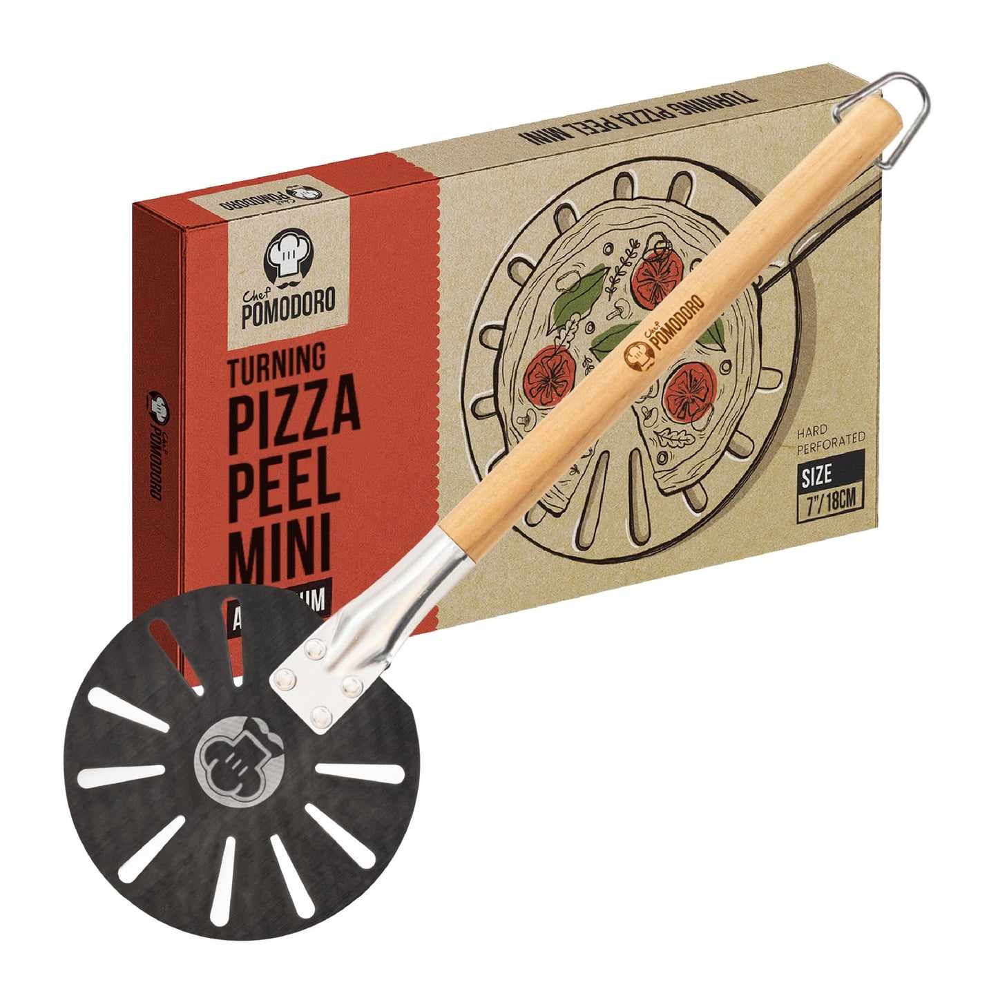 Chef Pomodoro 9-Inch Aluminum Pizza Turning Peel, Detachable Wood Handle