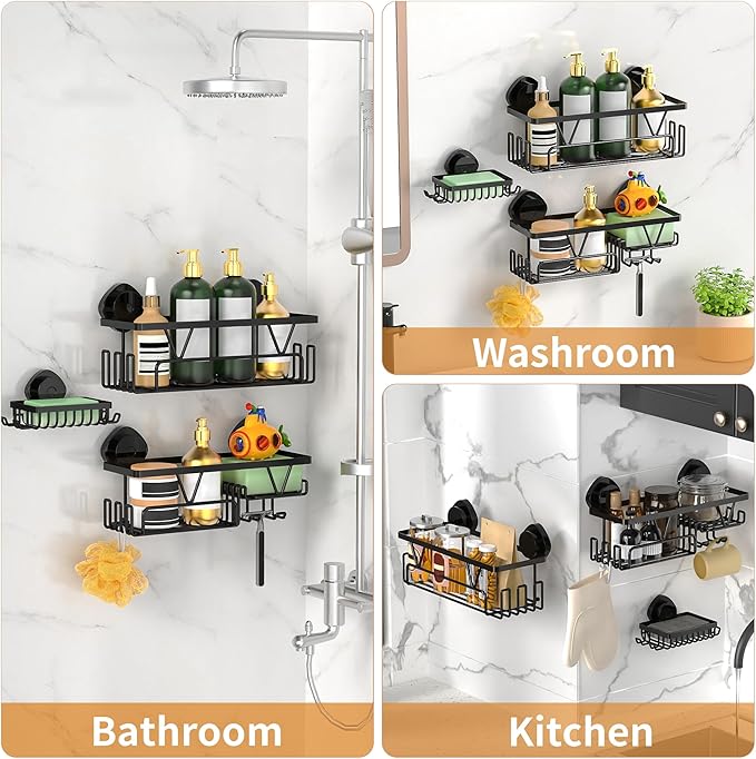 ZUNTO Suction Cup Shower Caddy - 3pcs Reusable Shower Shelf Organizers with Soap Holder and Hooks - No Drilling Bathroom Shelves for Shampoo