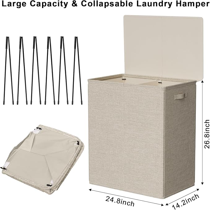 WOWLIVE 154L Double Laundry Hamper with Lid and Removable Laundry Bags, Large Dirty Clothes Hamper 2 section Collapsible Laundry Basket Dorm Room Storage for Bedroom, Bathroom, College,Wheat