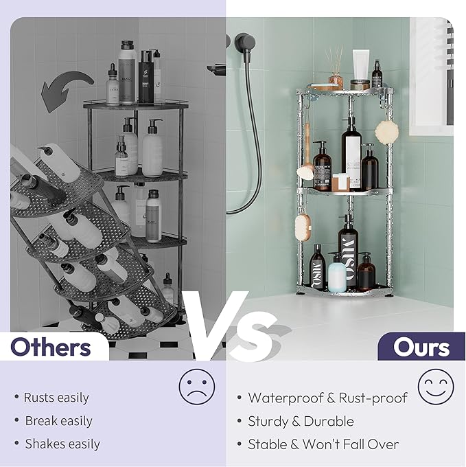 SWTYMIKI Corner Shower Caddy Standing - 3 Tier Stainless Steel Shower Organizer Stand, Large Capacity Floor Shelf with 4 Hooks, Rustproof Bathroom Storage Rack,Silver