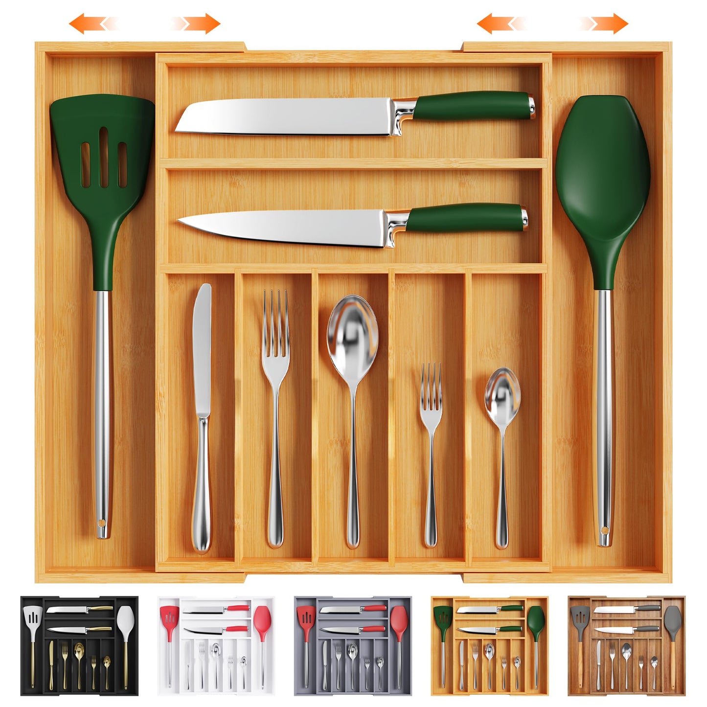 Bellsal Large Premium Acacia Wood Silverware Organizer - Expandable Utensil Drawer Organizer - 17"x19.6" Utensil Holder and Cutlery Tray with Grooved for Kitchen Flatware Utensils(7-9 Slot, Acacia)