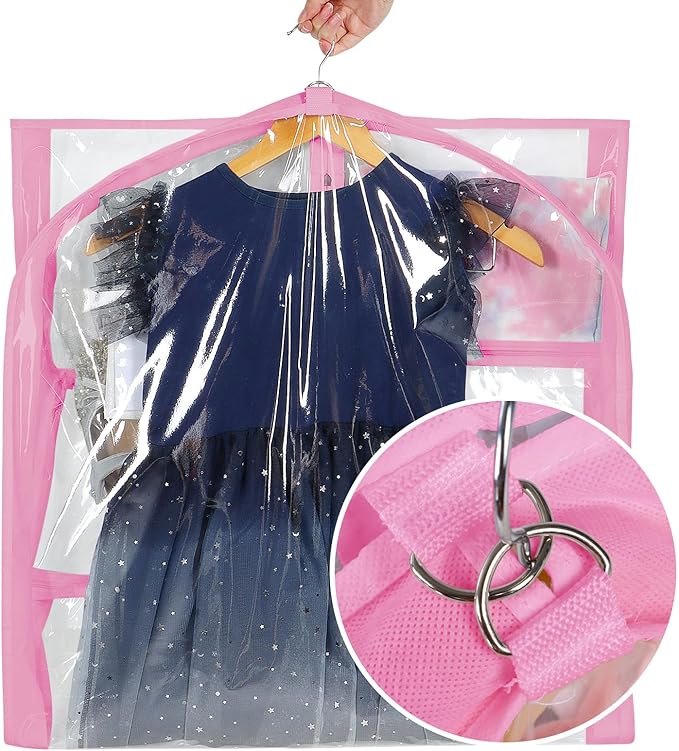Univivi Clear PVC Dance Costume Bags 50 Inch Garment Bag for Dance Competitions, with 3 Seperated Medium Clear Zipper Pockets and 1 Large Back Zippered Pocket (Pink)